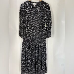 Apiece Apart Black Polka Dot Midi Dress XS Gathered Waist Long Sleeve